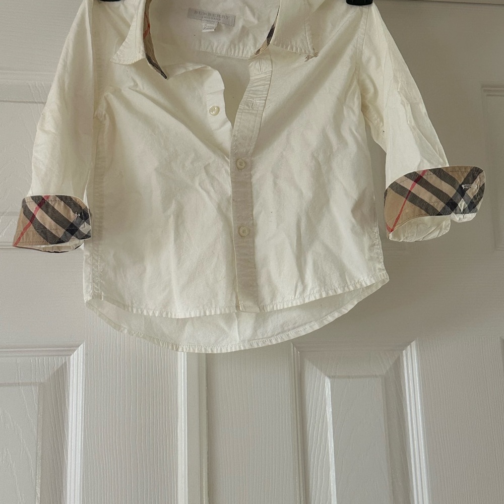 Burberry White Button Down Shirt with Plaid Cuffs